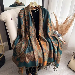 Ethnic paisley cashmere feel shawl with fringe in dark green and orange for women
