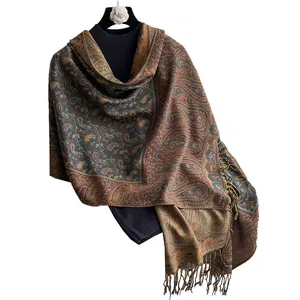Classic paisley pattern pashmina shawl with tassel fringe in brown and turquoise tones