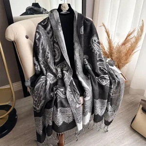 Classic black and grey paisley cashmere scarf shawl with tassels and ethnic patterns