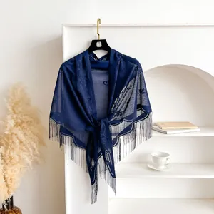 Elegant navy blue velvet lace triangle shawl with hollow jacquard and long tassels