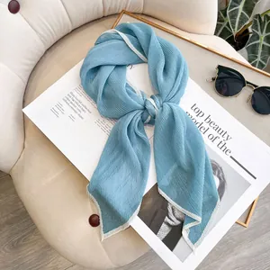 Elegant Pleated Scarf For Women Polyester Satin Feel Small Square Scarf Contrast Color Border Decorative Head Scarf Bandana