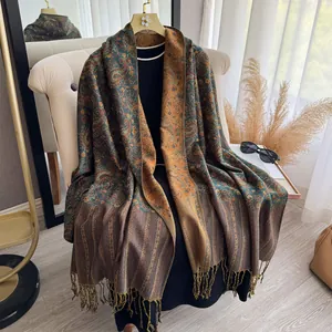 Ethno-Paisley-Schal aus Kaschmirimitat mit Fransen für Damen in Vintage-Grün-Braun
