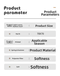 Detailed product specifications for the 70x70cm polyester floral print fashion scarf