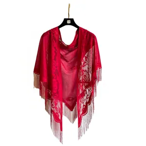 Elegant deep red lace triangle shawl with hollow floral patterns and long tassels
