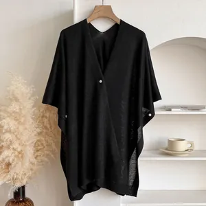 Détail d'un châle en maille noire transparente avec des boutons blancs sur un cintre en bois