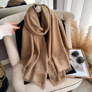 Golden brown heart pattern cashmere-like scarf with fringe detail for women