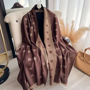 Women Elegant Heart Pattern Imitation Cashmere Scarf Warm Winter Gold Thread Jacquard Shawl Double Sided Long Wraps Tassel