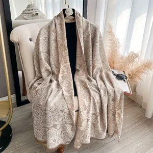 Vintage Rose Jacquard Sjaal Voor Vrouwen Dubbelzijdige Polyester Warme Omslagdoek Met Kwastjes Gouddraad Elegant Mode Accessoire