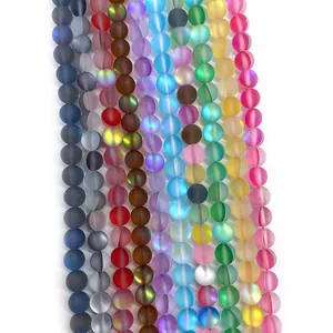Frosted round synthetic moonstone beads with aura coating for DIY jewelry making