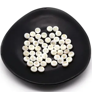 Flat round white mother of pearl shell beads with gold rose pattern for DIY jewelry