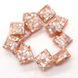 Natural sea shell mosaic square beads with iridescent white and pink mother of pearl finish