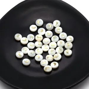 Flat round white shell beads with golden crescent moon inlay for DIY jewelry making