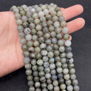 Macro shot of 8mm natural labradorite round beads showing blue and gold labradorescence