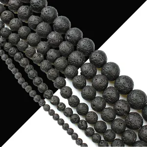 Natural Black Lava Stone Round Loose Beads Polished Volcanic Rock Stone For DIY Jewelry Making Bracelet Necklace Accessory