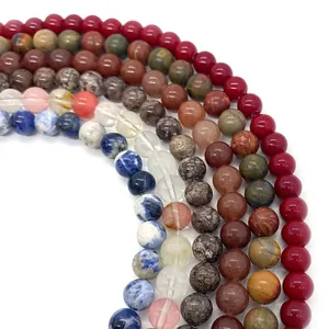 Cuentas redondas de piedra natural multicolor, ágata roja y cuarzo para joyería artesanal