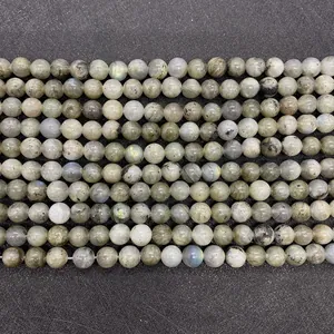 Macro view of round natural labradorite beads showing blue flash and mineral texture