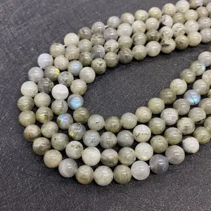 Close-up of natural labradorite round beads showing blue fire and golden flash