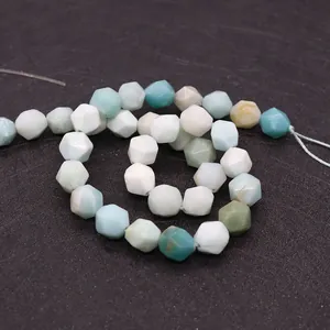 Detailed view of faceted natural amazonite beads in spiral pattern for DIY jewelry