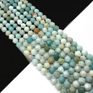 Natural Faceted Amazonite Stone Beads Round Geometric Polished Spacer Beads For DIY Jewelry Making Necklace Earring Craft