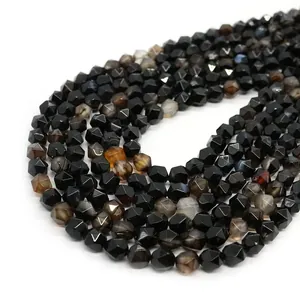 Faceted black striped agate natural stone round beads for DIY jewelry making