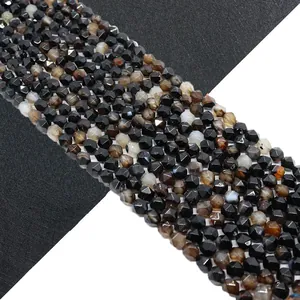 Faceted Natural Striped Black Agate Loose Beads For DIY Jewelry Making Polished Round Gemstone Stone Beads Various Sizes Supplies