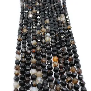 Faceted natural black striped agate loose round beads for DIY jewelry making