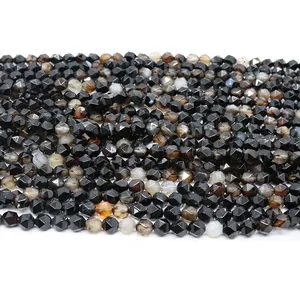 Faceted natural black striped agate loose round beads for DIY jewelry making and crafts