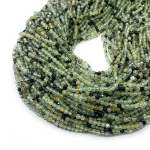 Faceted natural prehnite round beads strings with black needles for jewelry making