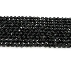 Faceted natural black onyx round beads for jewelry making with high gloss finish