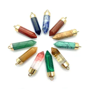 Set of 11 hexagonal natural stone pendants with gold metal caps in various colors