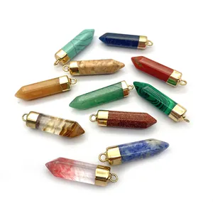 Polished natural stone hexagonal crystal pendants with gold-plated metal caps and loops