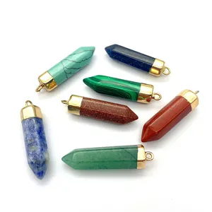 Assorted hexagonal crystal point pendants in seven colors with golden metal caps