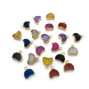 Pendentifs en pierre naturelle druzy en forme de lune avec bord doré pour bijoux DIY