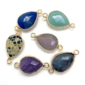 Faceted teardrop natural stone pendants with gold metal edges and double loops