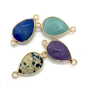 Faceted natural stone teardrop connectors with gold edges for DIY jewelry making
