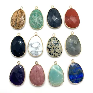 Faceted natural stone waterdrop pendants with gold plated edges for DIY jewelry making