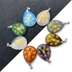 Pendente a Goccia in Pietra Naturale Incisa Oro Yoga Meditazione Chakra Simbolo Ametista Quarzo Rosa Lapis Gioielli Solo Pendente