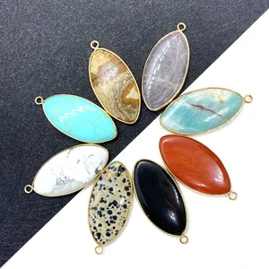 Marquise Natural Stone Pendant Gold Plated Alloy Frame Rice Shape Jasper Turquoise Charm For DIY Jewelry Making Women Necklace