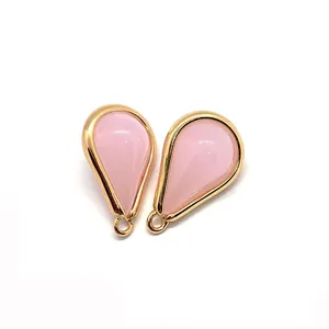 Pendentif goutte en pierre naturelle rose avec bordure dorée et trou pour bijoux DIY