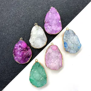 Natürliche Druzy Stein Tropfen Anhänger Vergoldete Umrandung Geoden Charm Für Schmuckherstellung DIY Halskette Damen Geschenk