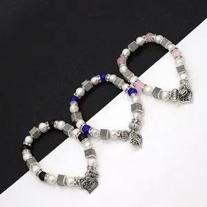 Bracciale di Perle Vintage con Ciondolo a Cuore in Lega di Zinco Distanziatori Strass Gioielli alla Moda Donna Regalo