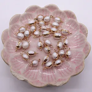 Bulk rice-shaped freshwater pearl connectors with gold-plated edges for DIY jewelry