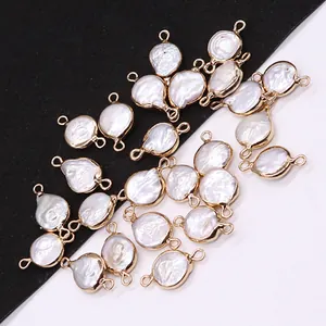 Natural Freshwater Pearl Round Flat Pendant Gold Plated Edge Double Hole Connector Charms For DIY Jewelry Making Wedding Jewelry Accessories