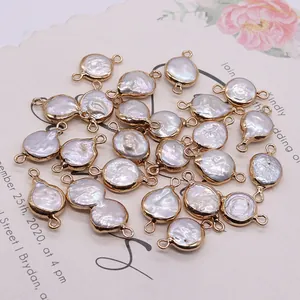 Flat round natural freshwater shell pendant with gold plated double holes connector