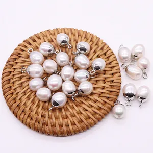 Natural freshwater pearl acorn oval pendants with silver metal caps for DIY jewelry