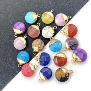 Pendentif Facetté Rond en Pierre Naturelle Alliage Plaqué Or Accessoires de Création de Bijoux DIY pour Collier Bracelet Femme