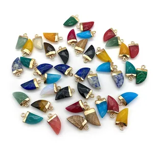 Faceted natural stone horn pendants with gold metal caps for DIY jewelry making