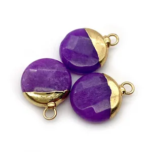 Three faceted purple natural stone pendants with gold-plated caps for DIY jewelry making