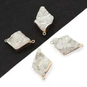 Natürlicher Kristall Druzy Stein Raute Anhänger Mit Vergoldeter Einfassung Doppelter Schlaufenverbinder Für DIY Schmuck Zubehör