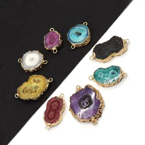 Natural Stone Druzy Agate Irregular Pendant Double Hole Gold Edged Connector For DIY Jewelry Making Necklaces Bracelets Accessories